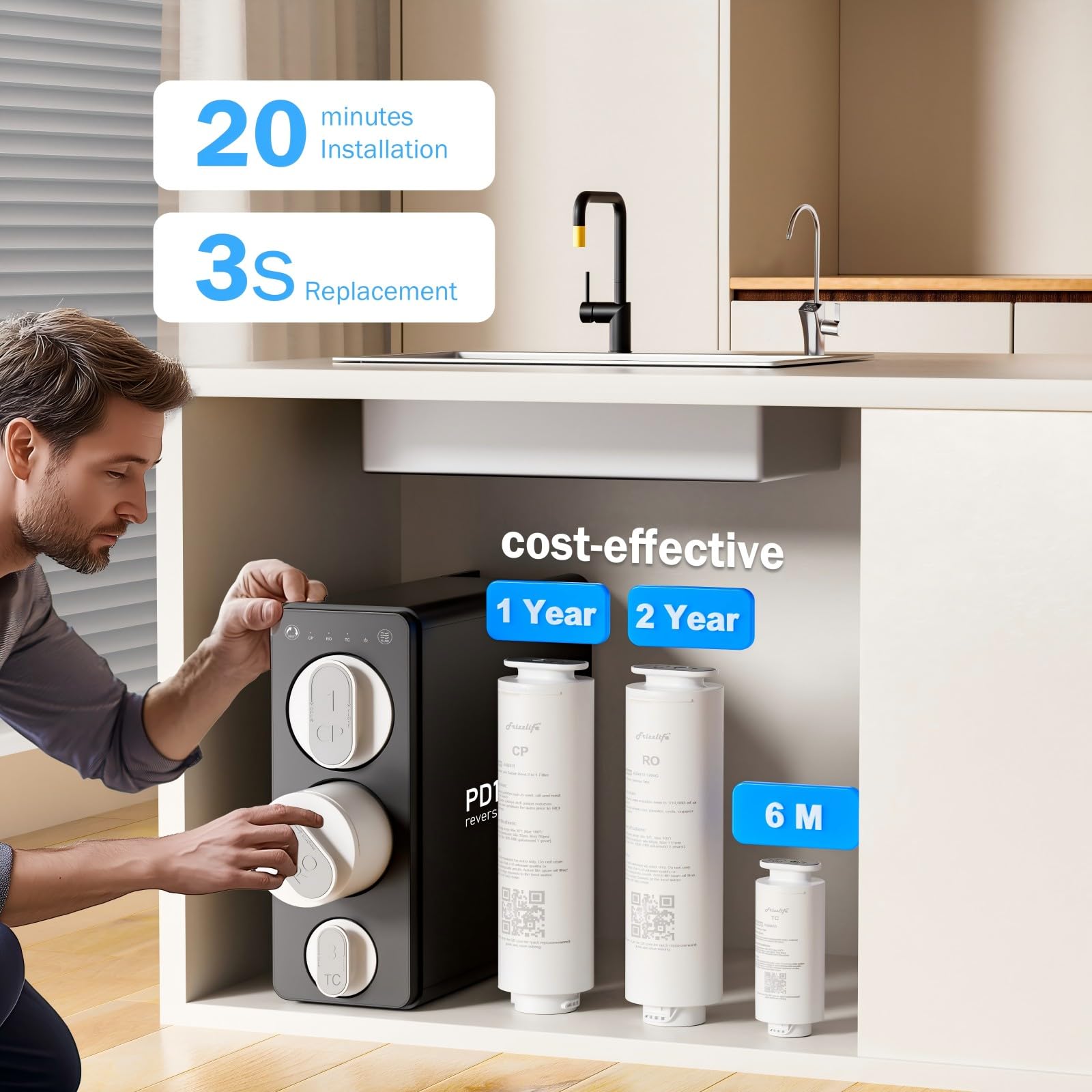 Frizzlife Reverse Osmosis Water Filter - Alkaline Mineral pH+, NSF/ASNI 58&53&42&372 Standard, 600GPD Tankless RO Reverse Osmosis System, Under Sink, 2:1 Pure to Drain, Reduce FPAS/PFOA, PD600-TAM3