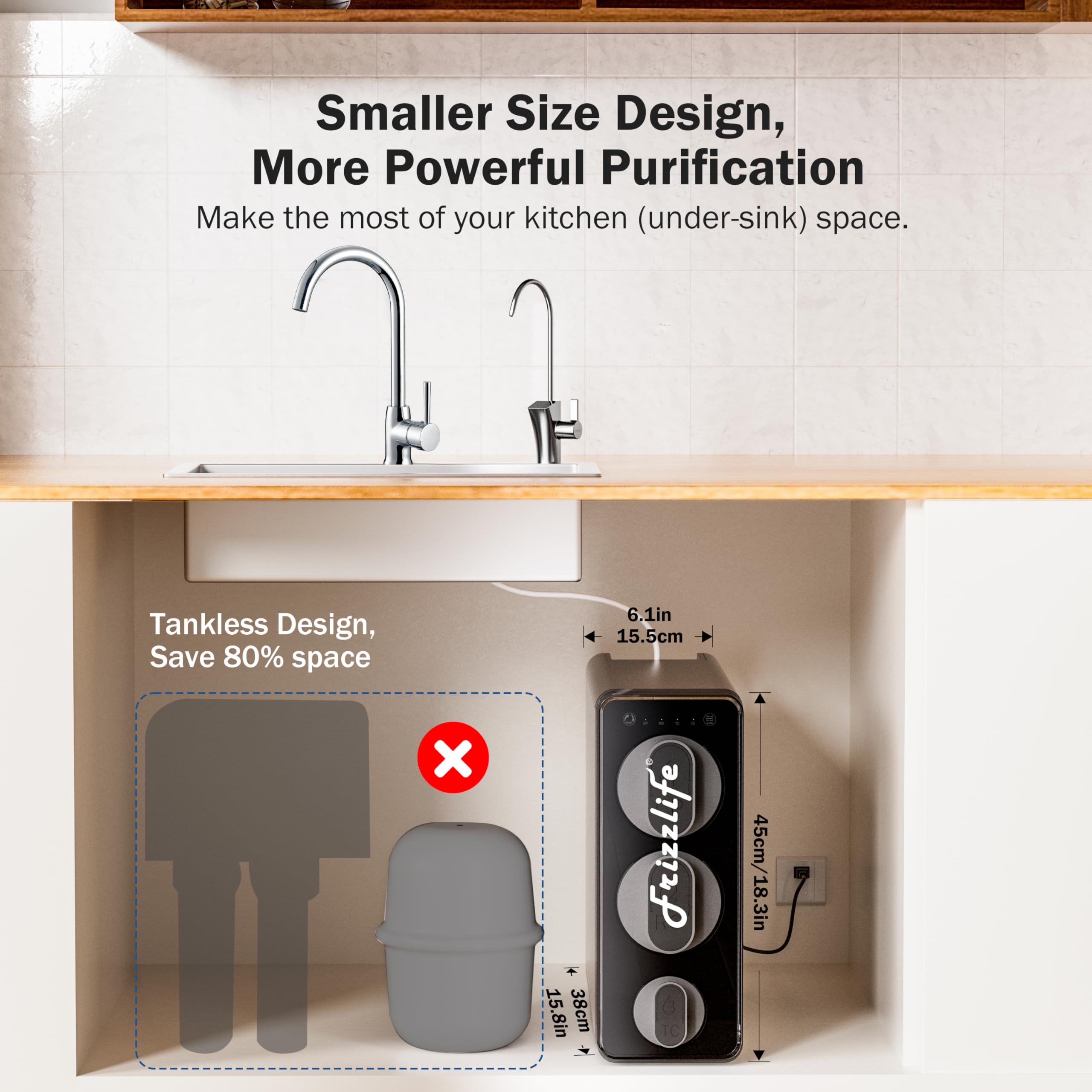 Frizzlife Reverse Osmosis Water Filter - Alkaline Mineral pH+, NSF/ASNI 58&53&42&372 Standard, 600GPD Tankless RO Reverse Osmosis System, Under Sink, 2:1 Pure to Drain, Reduce FPAS/PFOA, PD600-TAM3
