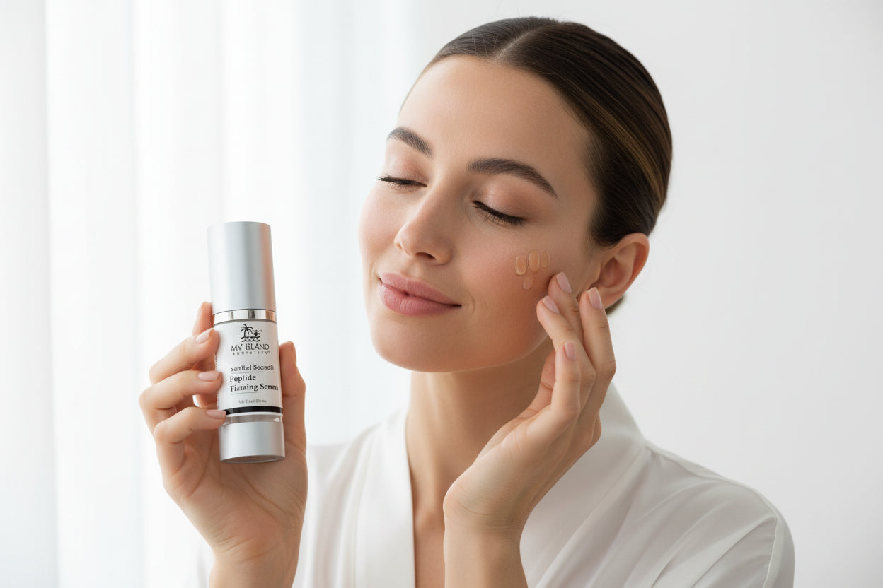 Skincare serum bottle labeled 'Sanibel Secret Peptide Firming Serum' by My Island Addiction on a white background.