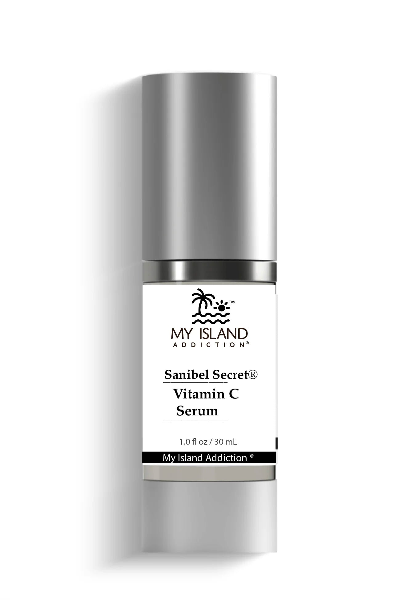 Sanibel Secret Vitamin C serum bottle with 'My Island Addiction' branding on a white background
