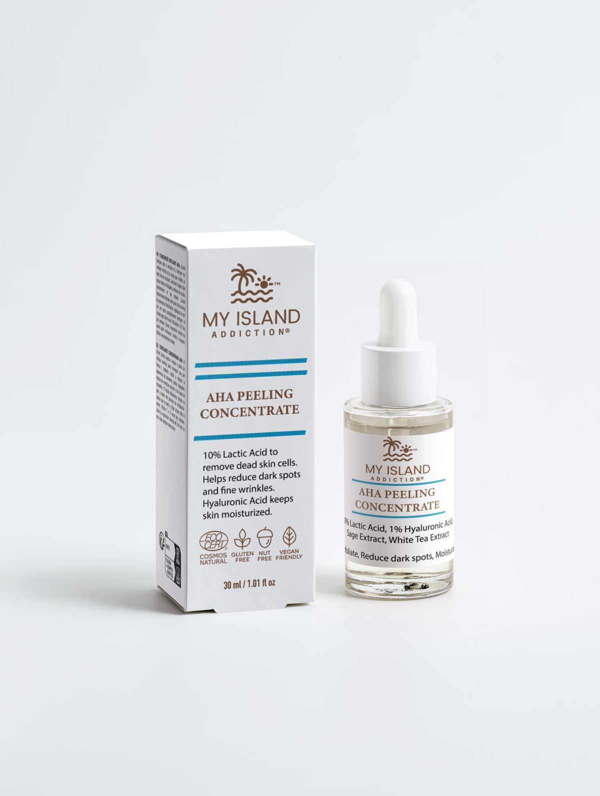 My Island Addiction AHA Peeling Concentrate shown with its white product box and clear glass dropper bottle on a light gray background.