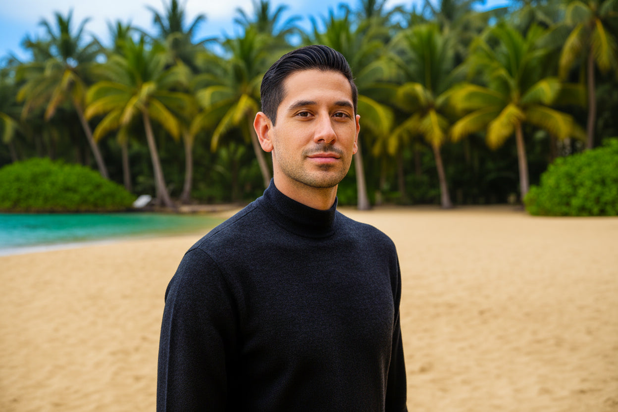 Man in a black turtleneck standing on a beach with palm trees in the background