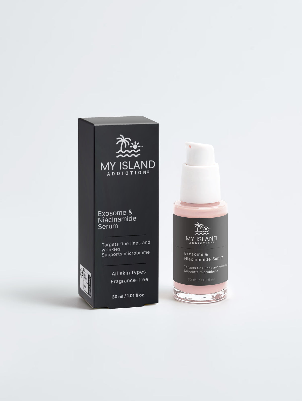 My Island Addiction Exosome & Niacinamide Serum, 30 ml serum in glass pump bottle beside black box