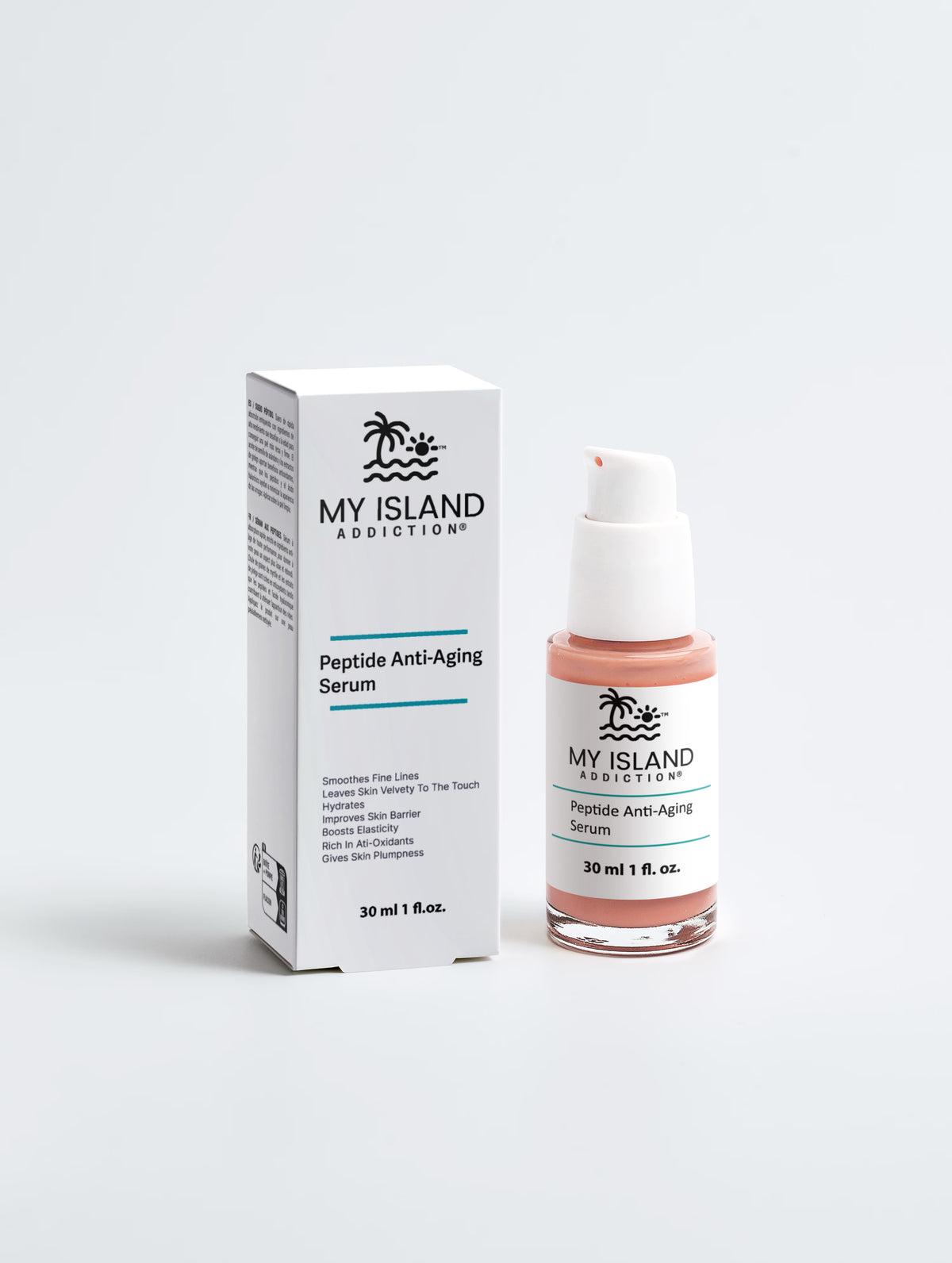 My Island Addiction skincare package with white background