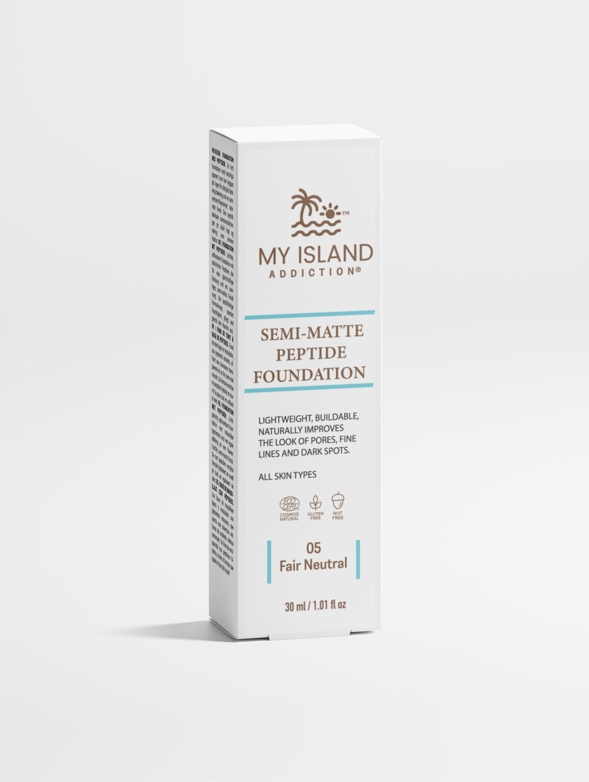 My Island Addiction Semi-Matte Peptide foundation shade 05 Fair Neutral shown in a white box on a clean light background.