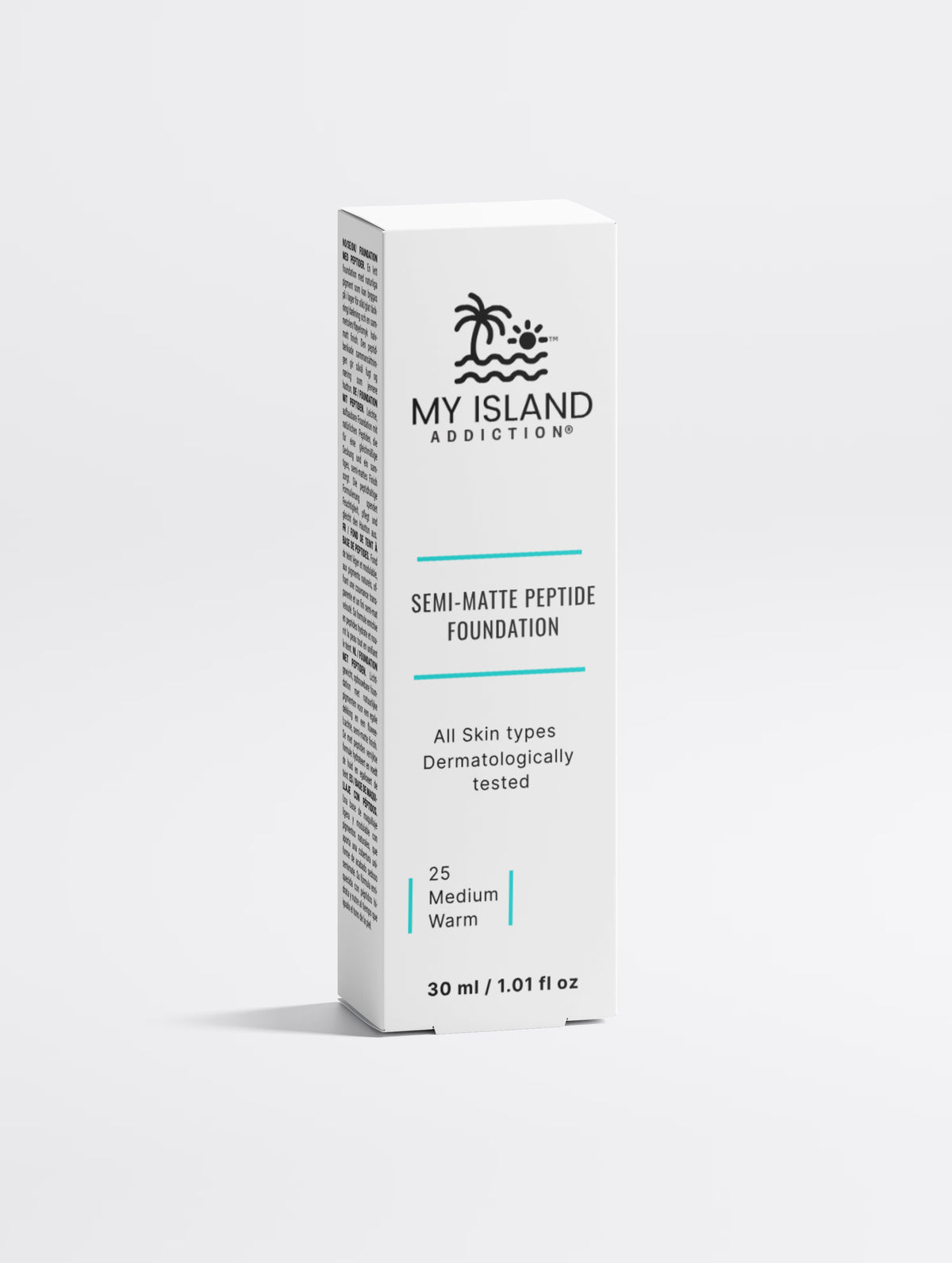 A tall white rectangular box of My Island Addiction Semi-Matte Peptide Foundation, shown on a light gray background with a soft shadow.