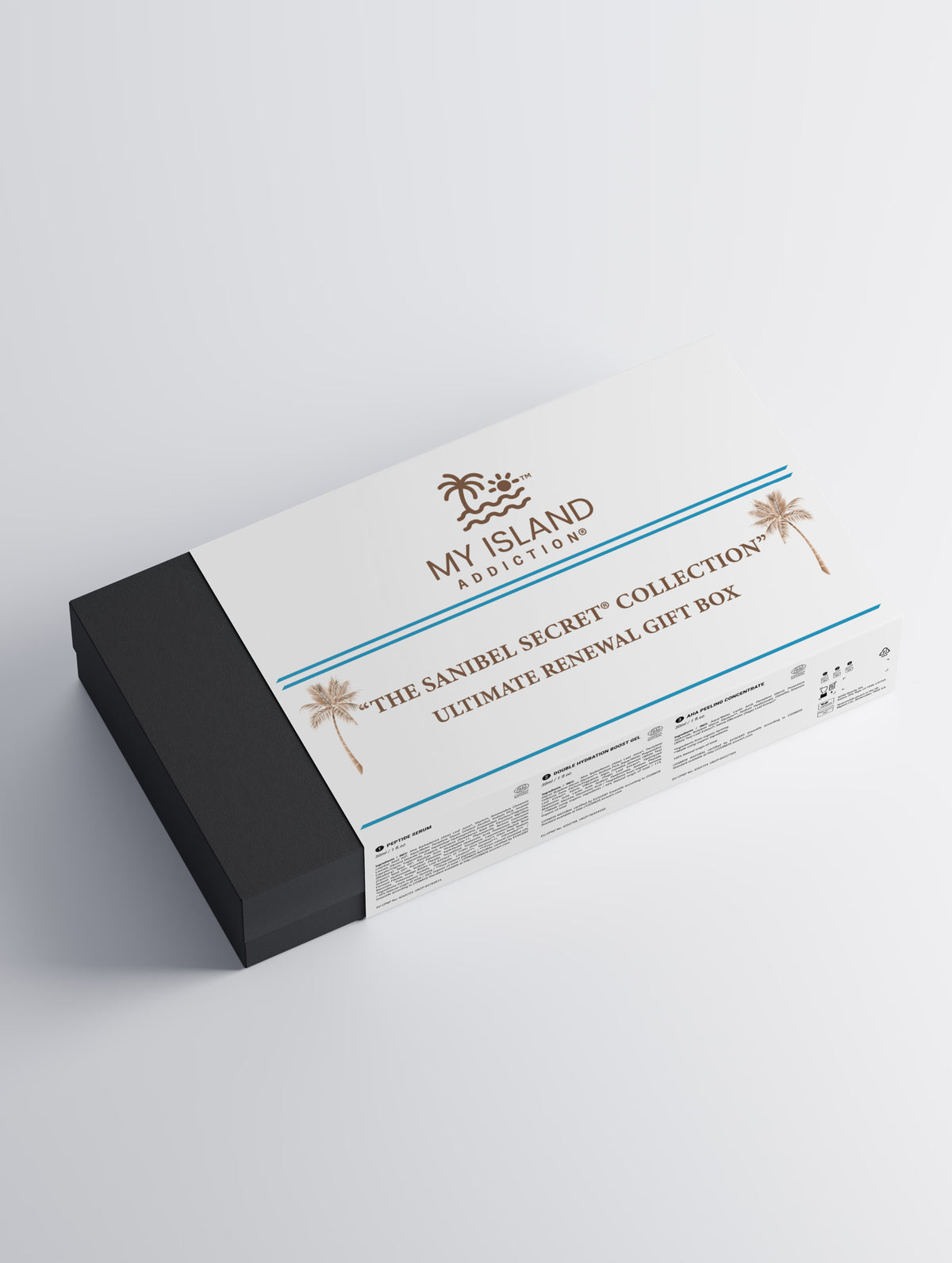 Sanibel Secret collection, Ultimate renewal box by My Island Addiction, sitting slanted, on a white background.