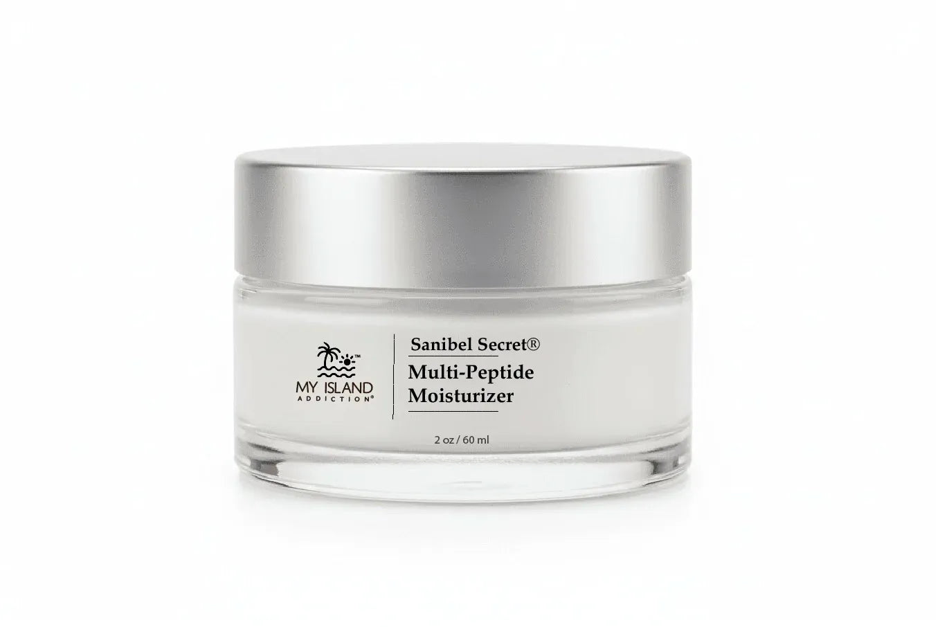 Skincare jar labeled 'Sanibel Secret Multi-Peptide Moisturizer' on a white background