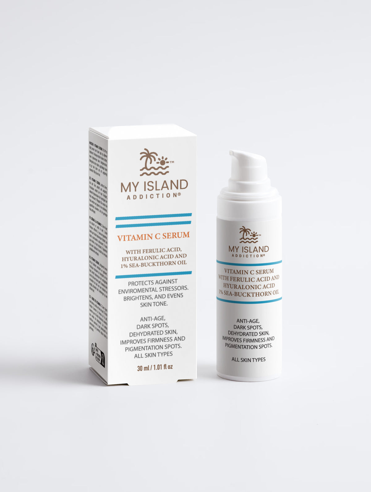 My Island Addiction Vitamin C Serum shown with its white retail box and matching white pump bottle on a clean light gray background.