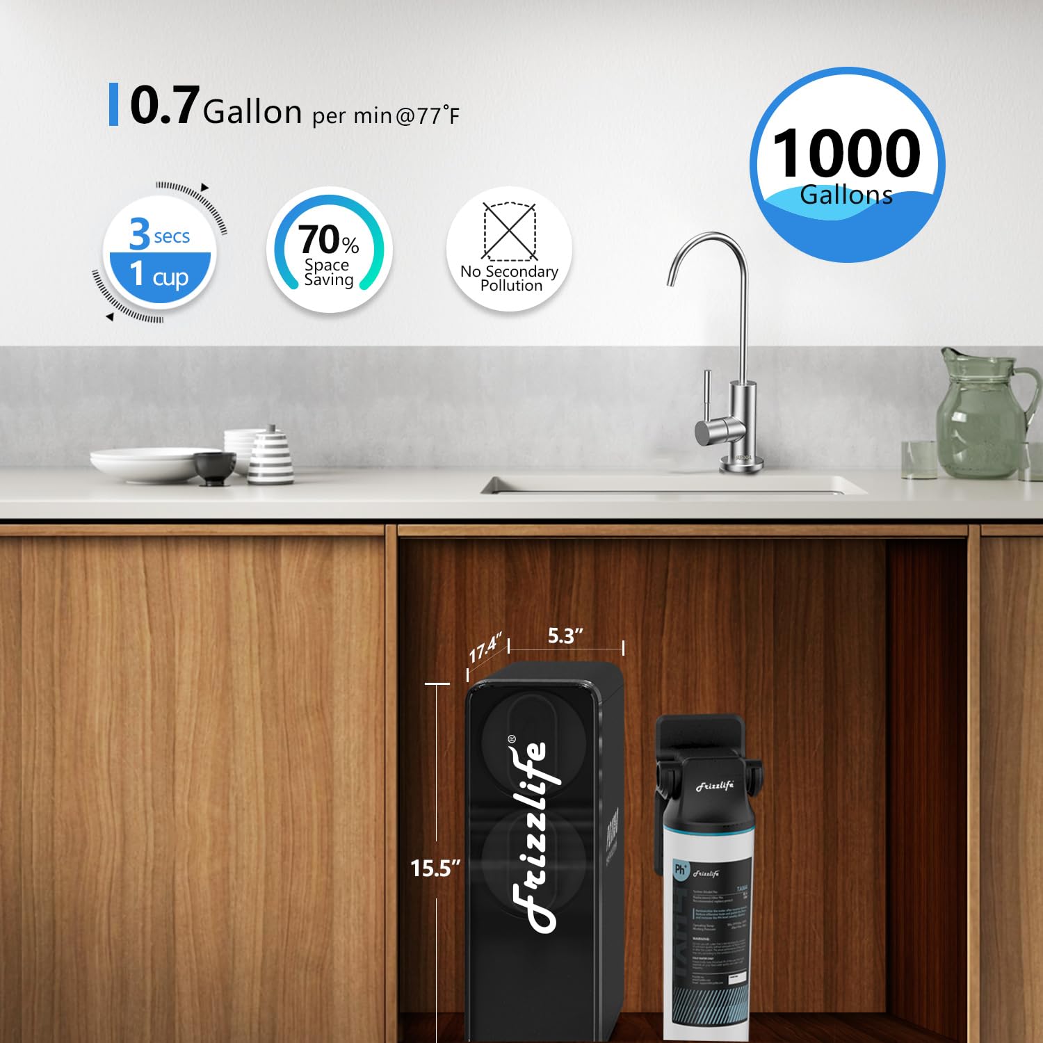 Frizzlife Reverse Osmosis Water Filter - Alkaline Mineral pH+, NSF/ASNI 58&53&42&372 Standard, 600GPD Tankless RO Reverse Osmosis System, Under Sink, 2:1 Pure to Drain, Reduce FPAS/PFOA, PD600-TAM3