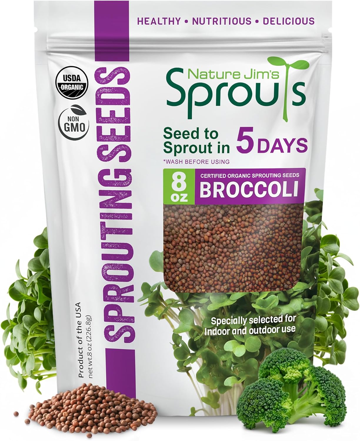 Nature Jim's Organic Broccoli Sprouting Seeds – Non-GMO, Rich in Sulforaphane, Fast-Growing Microgreen Seeds for Indoor/Outdoor Planting– Ideal Organic Sprouting Seed for Nutritious Gardening - 8oz