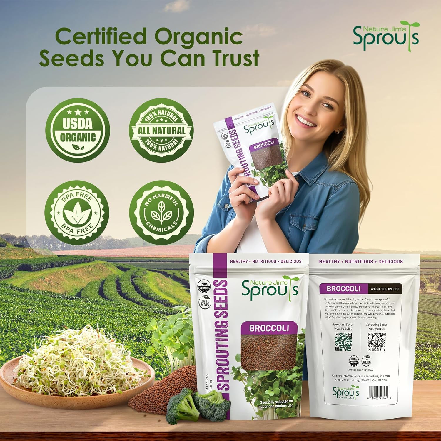 Nature Jim's Organic Broccoli Sprouting Seeds – Non-GMO, Rich in Sulforaphane, Fast-Growing Microgreen Seeds for Indoor/Outdoor Planting– Ideal Organic Sprouting Seed for Nutritious Gardening - 8oz