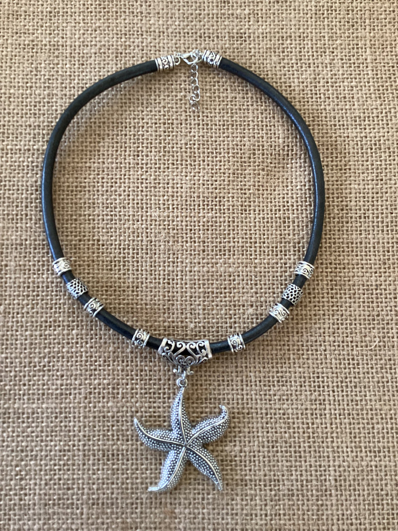 MIA-0166 Black Leather Starfish Pendant necklace (SOLD)