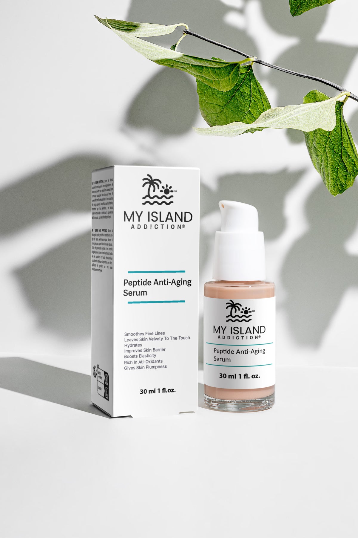 My Island Addiction skincare packaging with white background