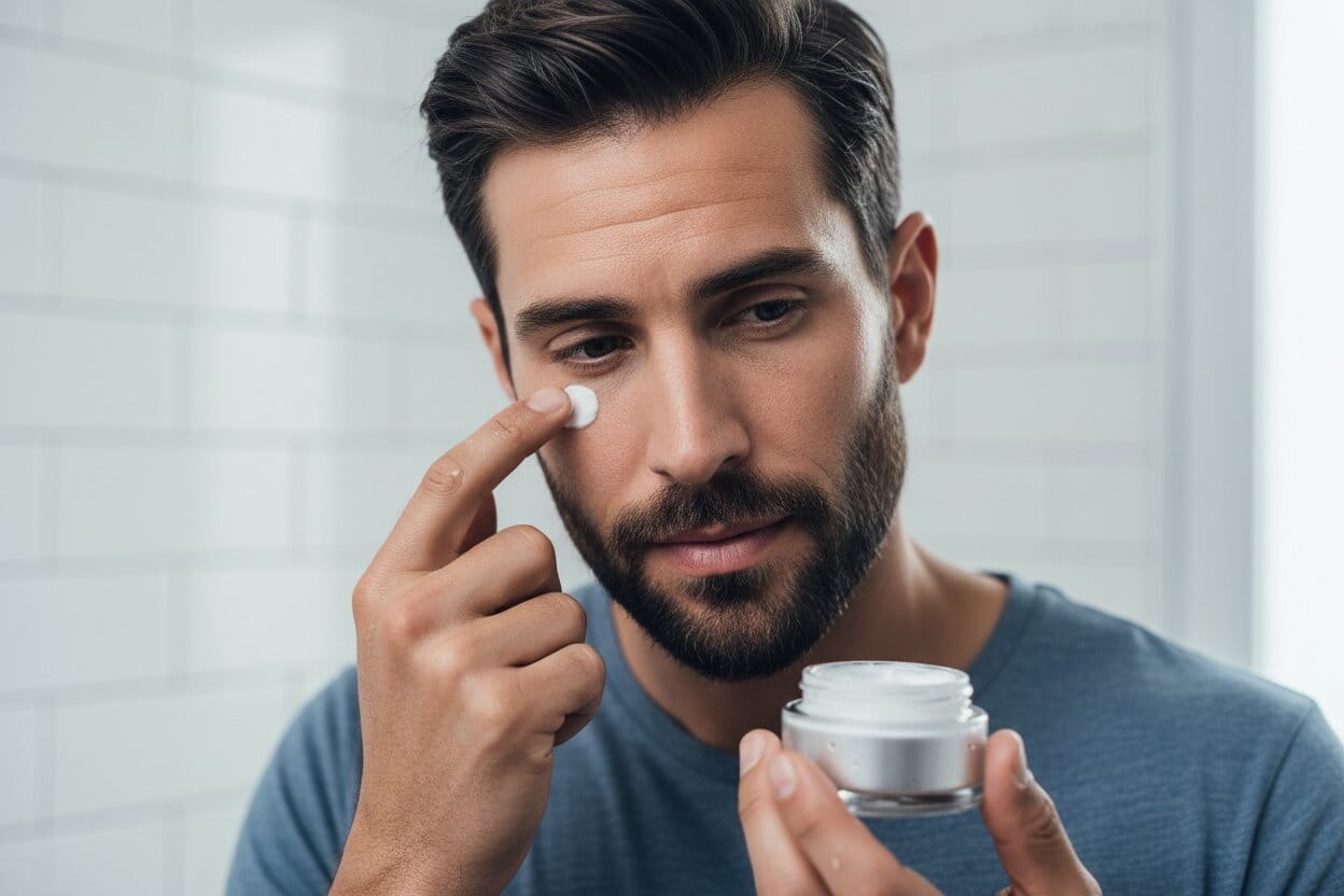 Man applying cream to his face with a jar in hand, against a neutral background