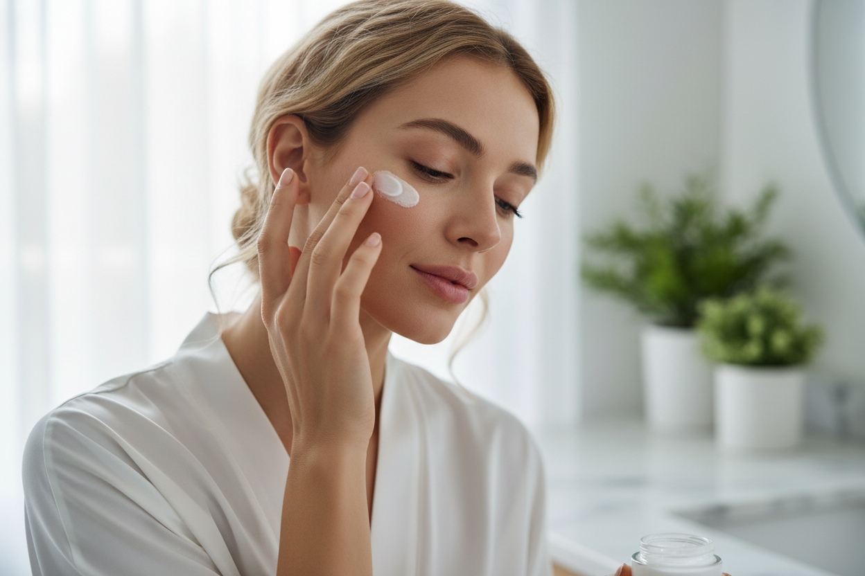 Woman applying cream to her face in a bathroom setting