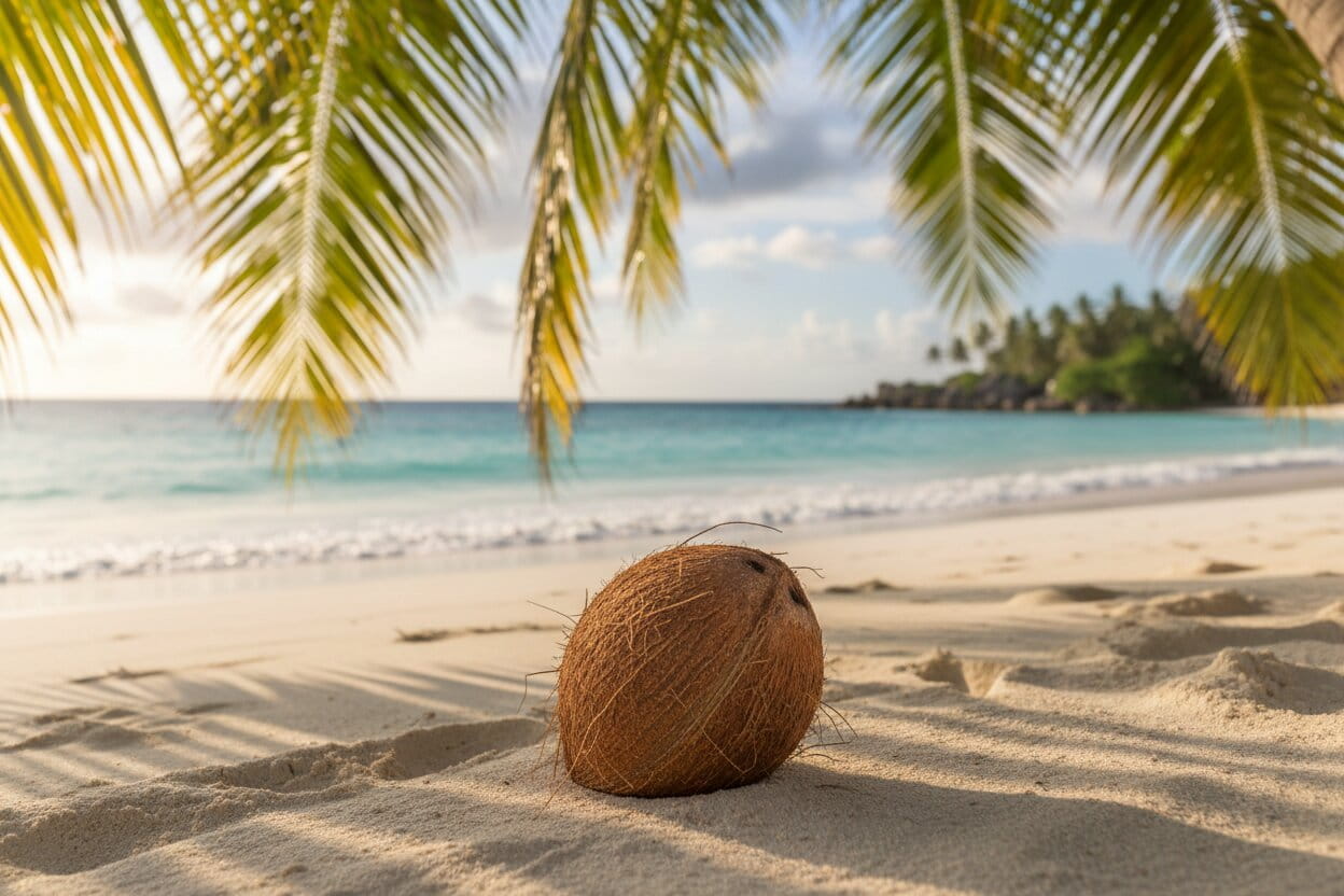 Coconut on a sandy beach with palm leaves and ocean in the background