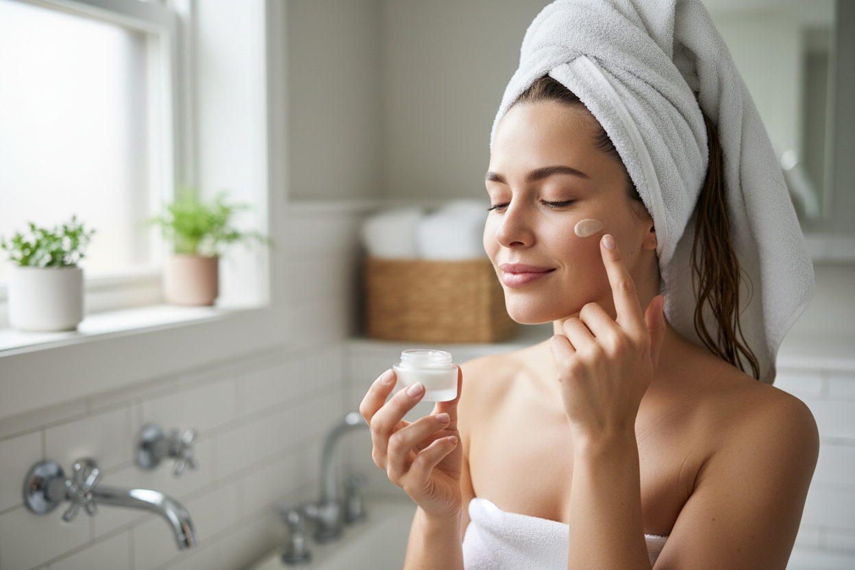 Woman applying multi peptide moisturizer cream to her face in a bathroom setting