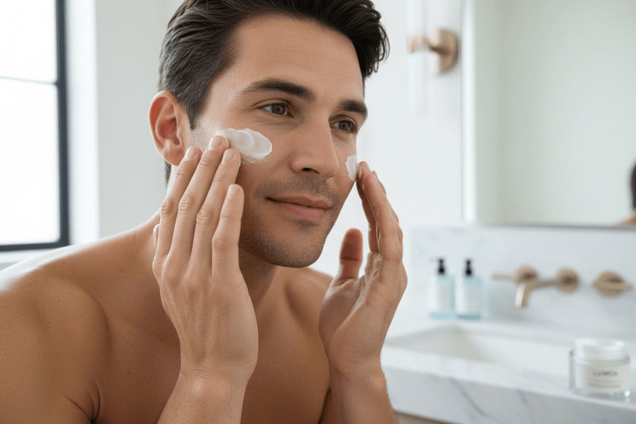 man applying multi peptide smoothing face crean in fron of a mirror in the bathroom