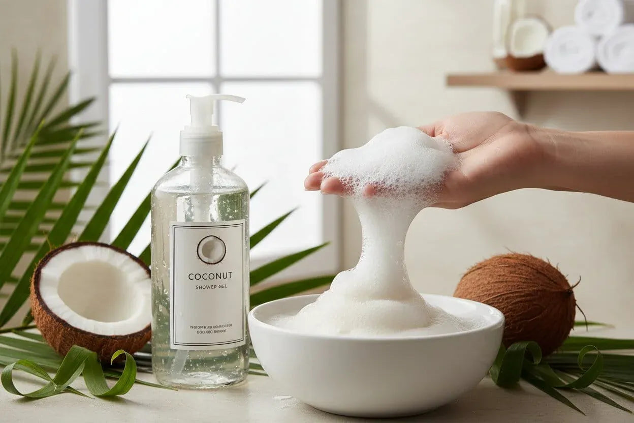 Coconut shower gel bottle with a hand holding a bowl of foamy soap, surrounded by coconuts and leaves.