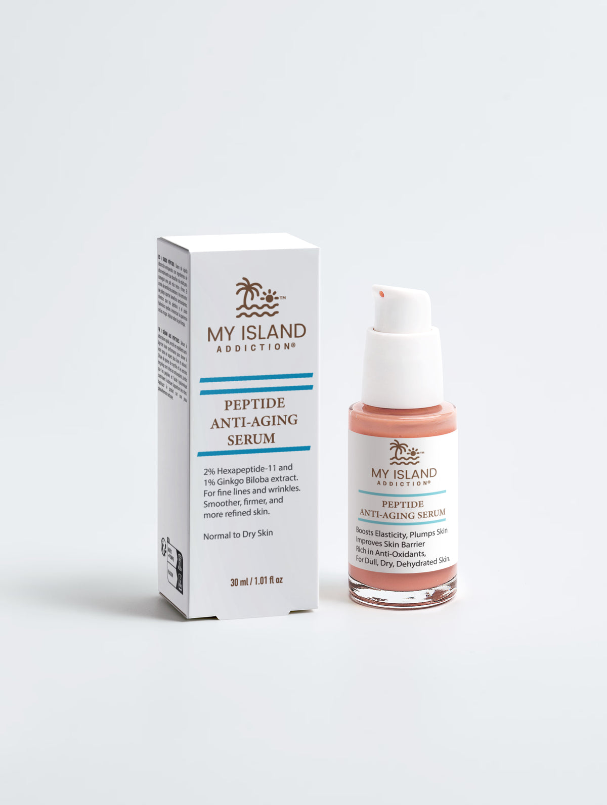 My Island Addiction Peptide Anti-Aging Serum in a white box with a glass eyedropper bottle of the product sitting next to it on a white background.
