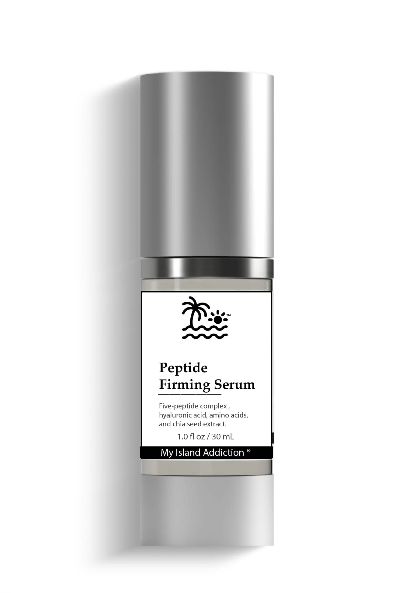 Peptide Firming Serum bottle with silver cap and white label on a white background
