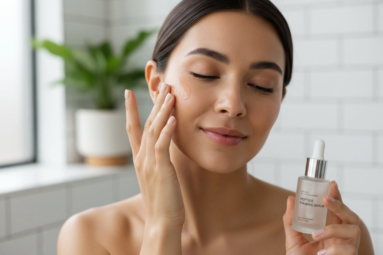 woman applying peptide firming serum to face