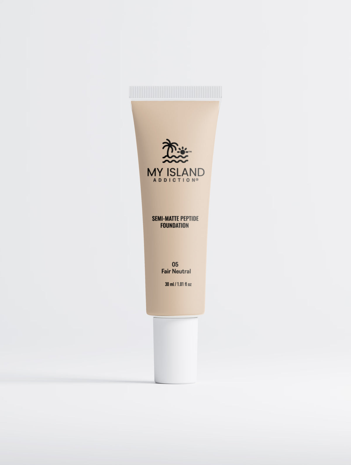 My Island Addiction Peptide Foundation in shade 05 Fair Neutral, a semi-matte buildable foundation in a tube.