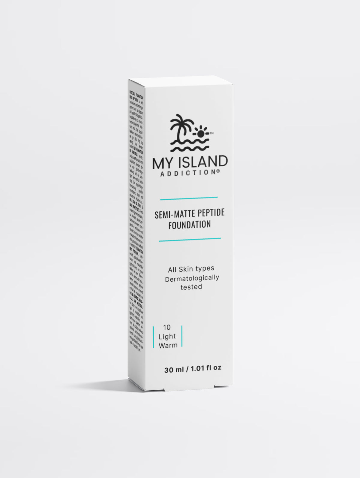 My Island Addiction Peptide Foundation in shade 10 Light Warm, semi-matte buildable foundation box