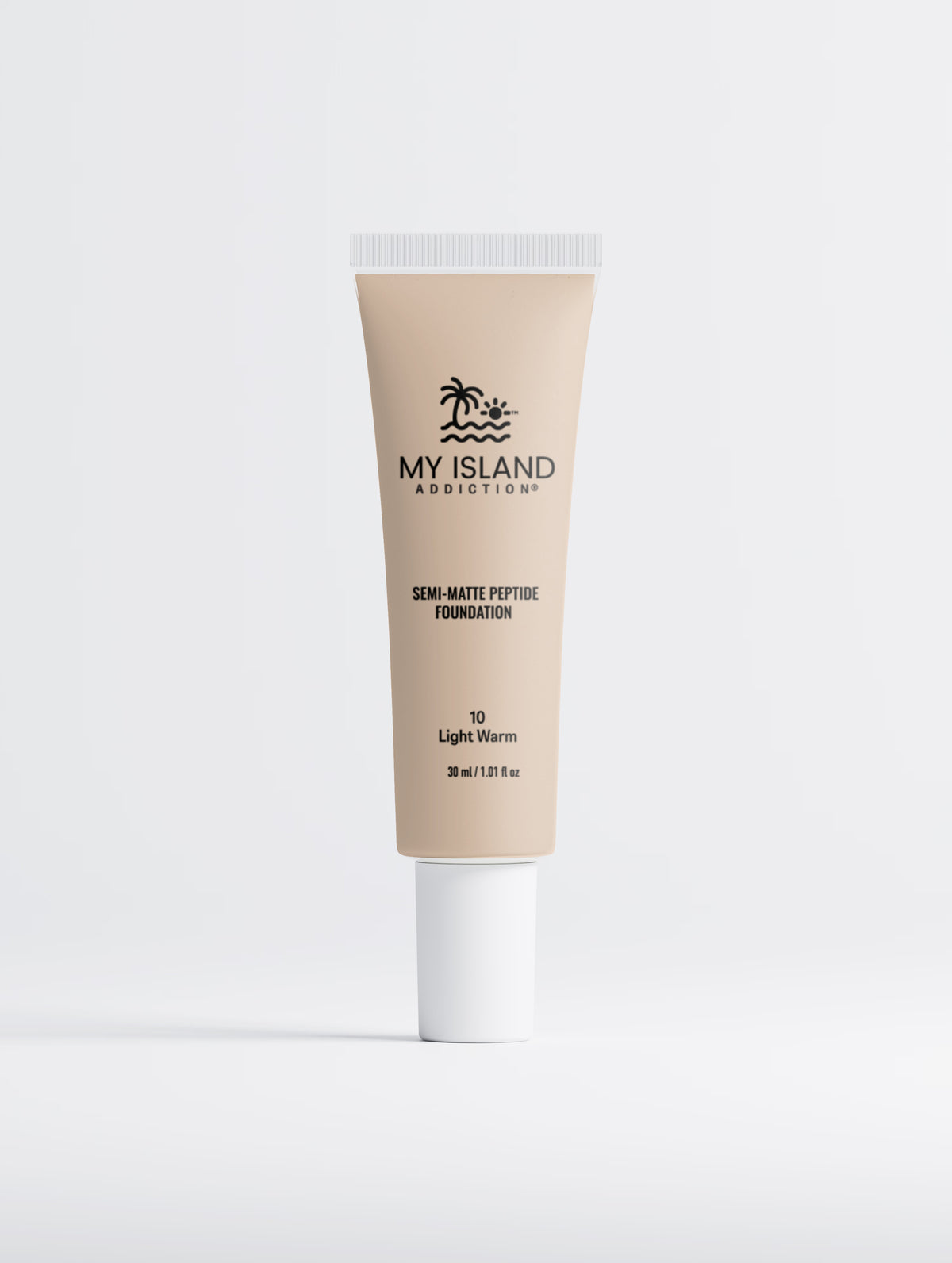 A squeeze tube of My Island Aesthetics Semi-Matte Peptide Foundation in shade 10 Light Warm, shown on a clean light gray background.