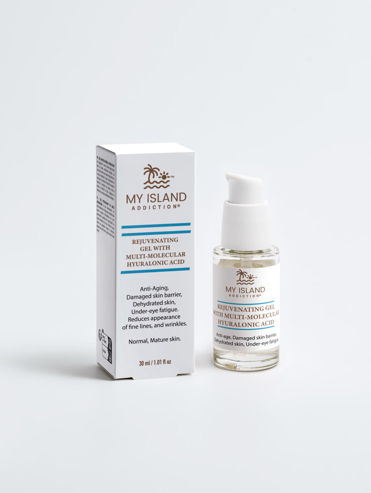 My Island Addiction Rejuvenating Hyuralonic Acid Gel in a white box with glass bottle sitting next to box on a white background.
