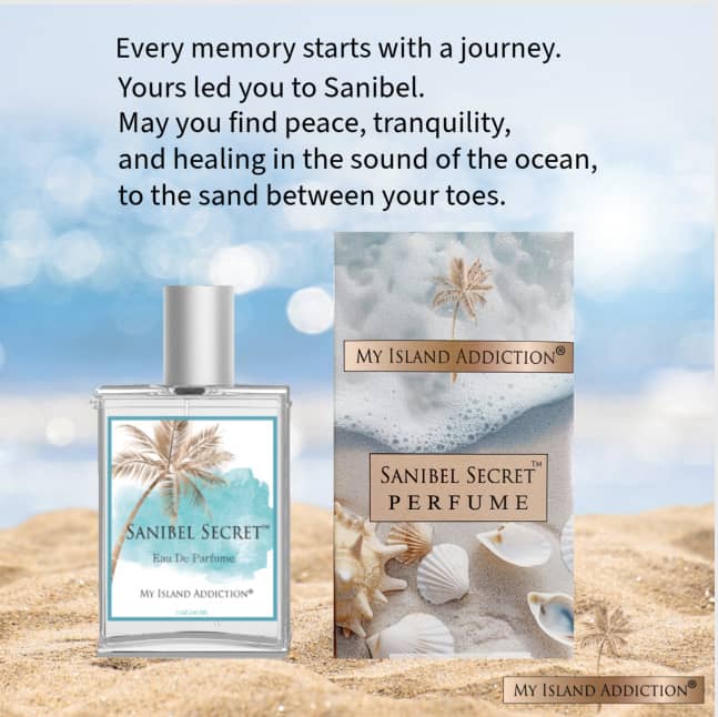 Sanibel Secret Perfume 2 oz glass bottle beside its limited-edition gift box by My Island Addiction