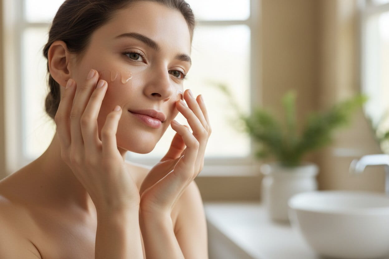 Woman applying cream to her face in a bathroom setting